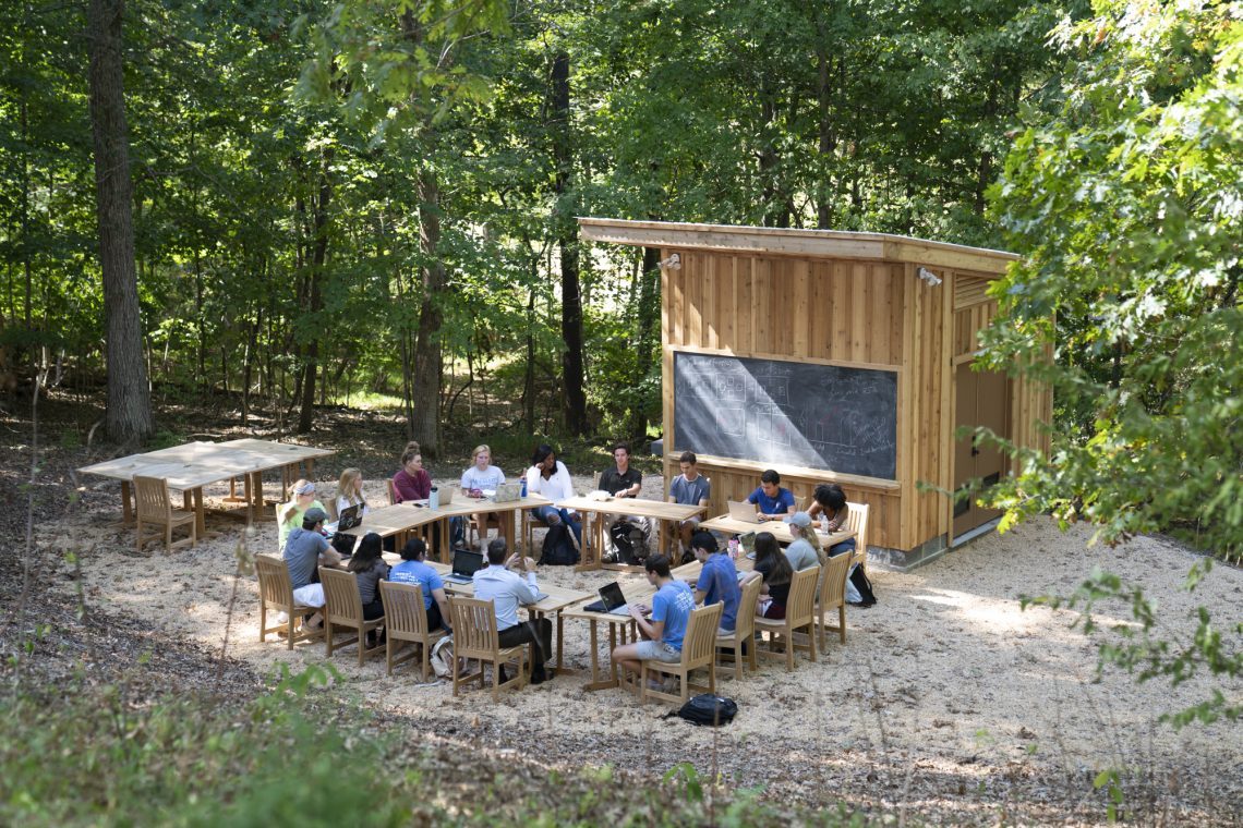 Paul Youngman’s First-Year Experience class uses the new outdoor classroom.