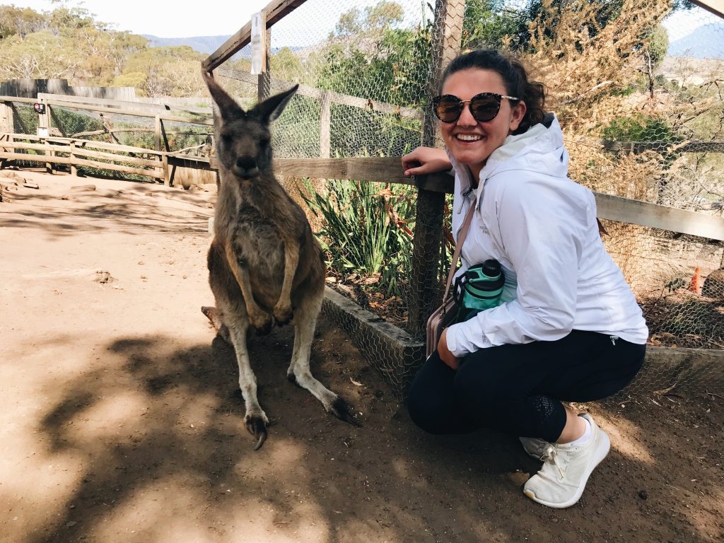 Annie Echols '21 with a kangaroo at Bonorong Wildlife Sanctuary in Tasmania.