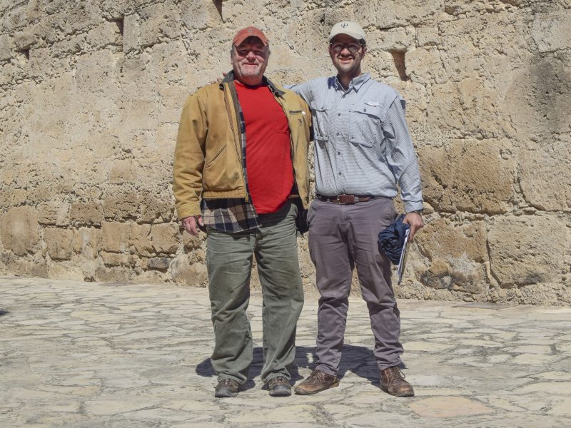 Eric Herrera &#039;20 (right) with archaeology professor Don Gaylord at the original Alamo site.