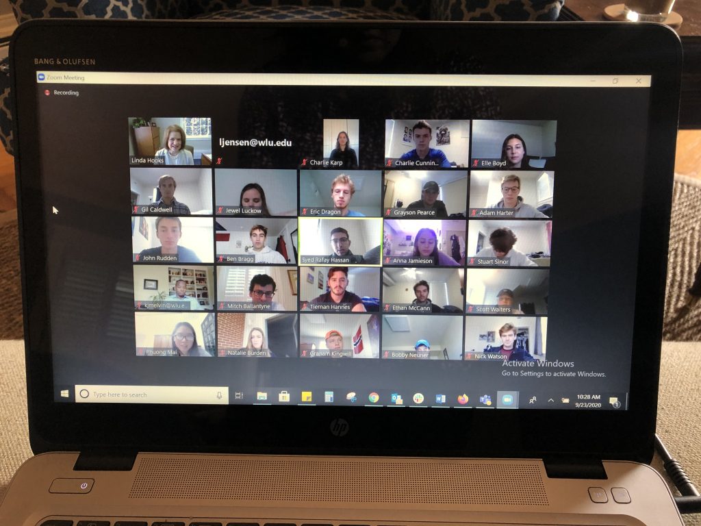 Linda Hooks&#039; Money &amp; Banking class get a virtual visit from invited Charlotte “Charlie” Karp ’16 and Mitch Ballantyne ’06.