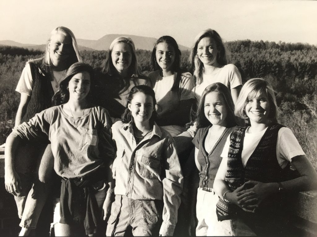 Friends gathered on House Mountain in 1995. Pictured front low (l-r): Dana Cornell MacNaughton, Liz Holleman Brown, Vanessa MacKinlay Bearden and Kathy Boozer Boone. Back row (l-r): Frost Bush Osborne, Stephanie Tomasso, Kait Barton Paden and Marina Jackson Christensen