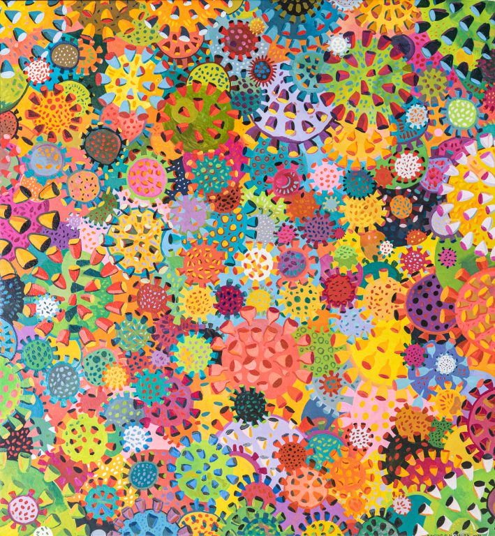 Blooming Garden: Aldikhaiiry paints layered COVID-19 particles with an unexpectedly vibrant palette to challenge the fear caused by the pandemic. The hypnotic pattern encourages reflection about the emotional toll and mental health challenges from the past year.