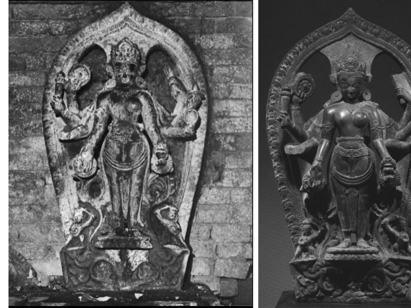 The Lakshmi-Narayana sculpture, stolen from Nepal in 1984 and pictured here in a book about Nepali art theft (left) and in a catalog from a Sotheby&#039;s auction (right). Photo courtesy Joy Lynn Davis.