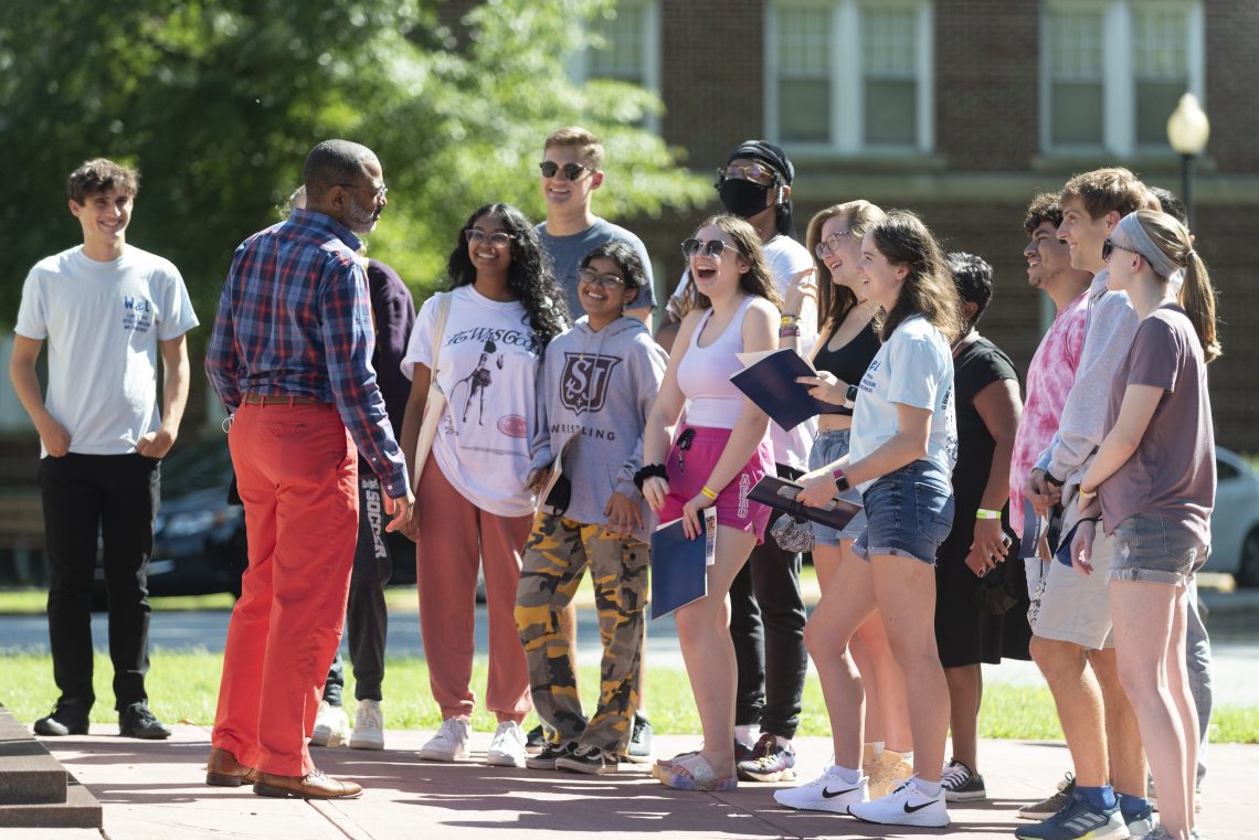 The Freedom Ride pre-orientation group visits the February One Monument on the campus of North Carolina Agricultural and Technical State University in Greensboro, North Carolina.