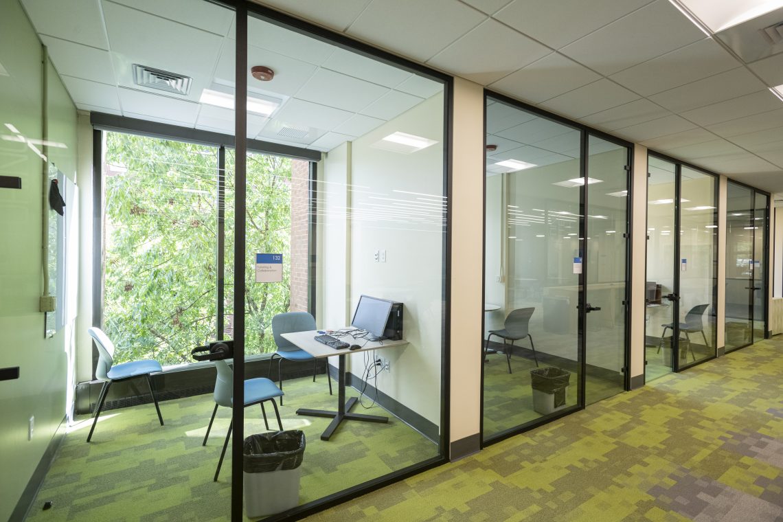 The Writing Center offers six peer tutoring rooms and two oral presentation practice rooms that allow the user to record themselves, then play back the video to identify areas for improvement.