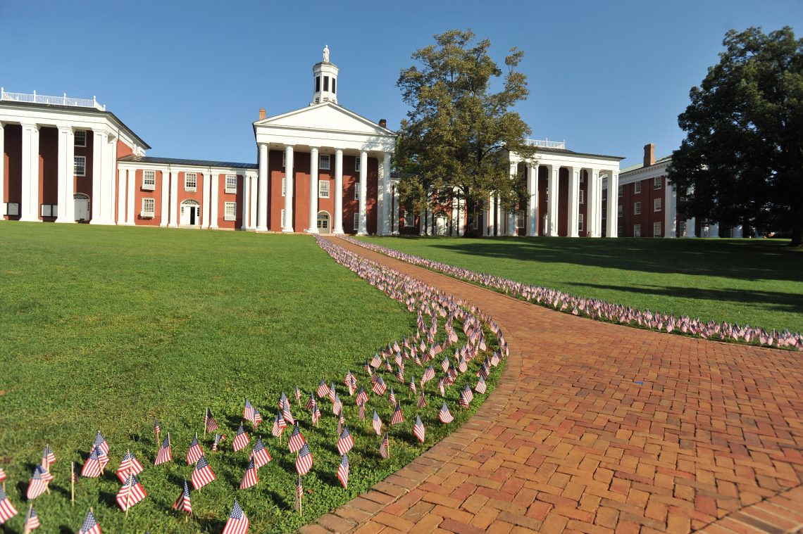Thousands of tiny flags line the sidewalk between University Chapel and the Colonnade in a 9/11 anniversary tradition carried on each year by student groups.