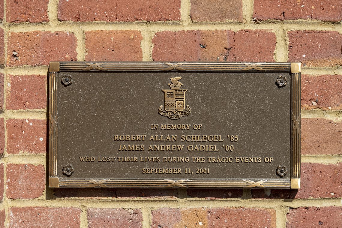 This memorial plaque for the W&amp;L alumni who died in the 9/11 attacks is located in the University Chapel parking lot.