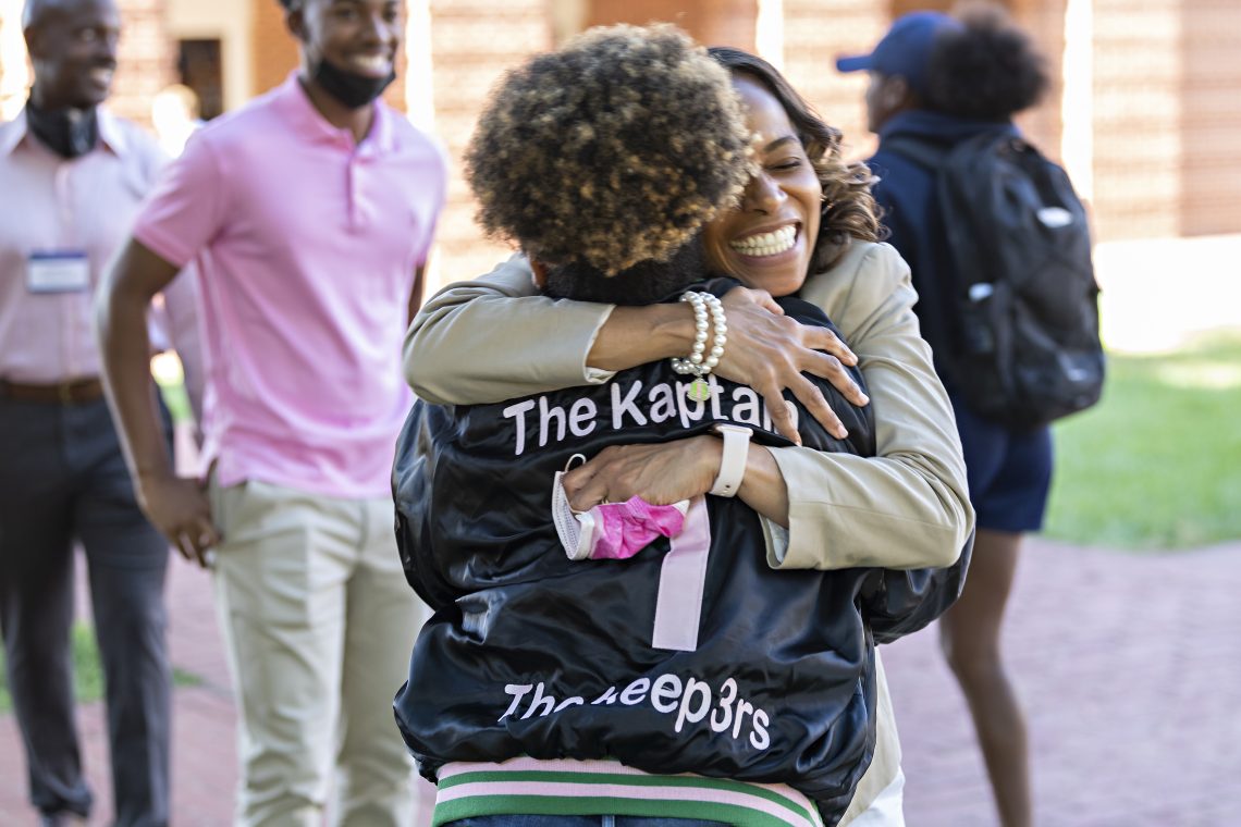 Lauryn McCray ’22 runs into an Alpha Kappa Alpha Sorority, Inc. sister during Parents and Family Weekend. They squeaked a bit.