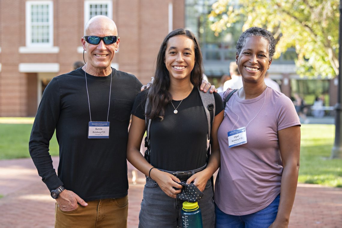 Shae Reinberg &#039;25 and her parents pose for a photo during Parents and Family Weekend.