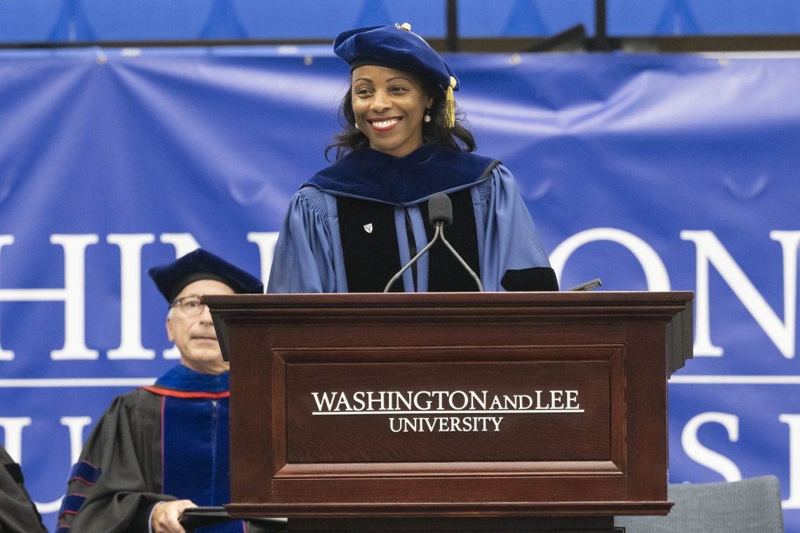 Provost Lena Hill gives the keynote address at Convocation in the Duchossois Athletic and Recreation Center.