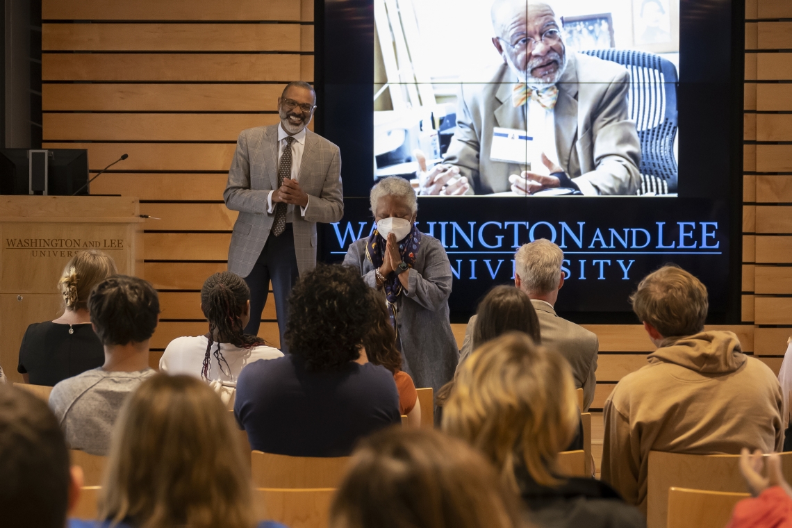 Director of the DeLaney Center Michael Hill introduces Pat DeLaney at an opening reception for the DeLaney Center in Northen Auditorium.