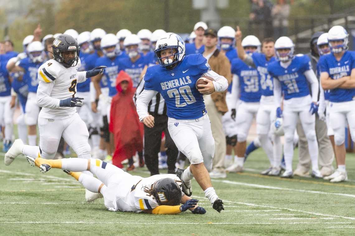 Football defeats Averett University 31-0 on a rainy afternoon during Parents and Family Weekend.