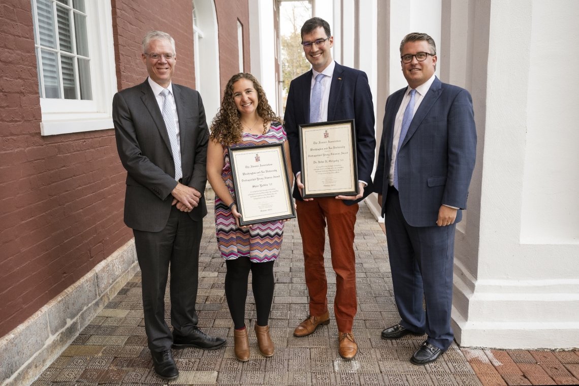 Distinguished Young Alumni Award recipients Shiri Yadlin ’12 and John Grigsby ’12 with President Will Dudley and Executive Director of Alumni and Career Services John Jensen ’01 following a ceremony in Washington Hall.