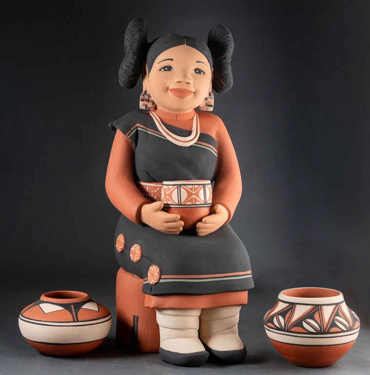 Kathleen Wall, Jemez Pueblo, New Mexico. Figure Peaceful Presence: Hopi Maiden with Clay Pots (2022). Jemez clay, slip, underglaze