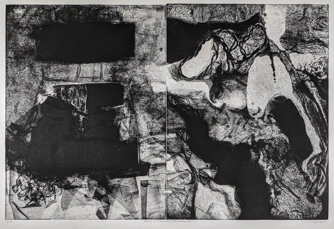 Season of Migration to the North I, 2018 Etching, soft ground, aquatint, spit bit, burnishing Edition: 16/20 29 ½ H x 44 W inches Gift from the artist, 2023