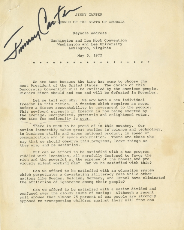 Transcript from Special Collections of Jimmy Carter&#039;s 1972 Mock Convention keynote address
