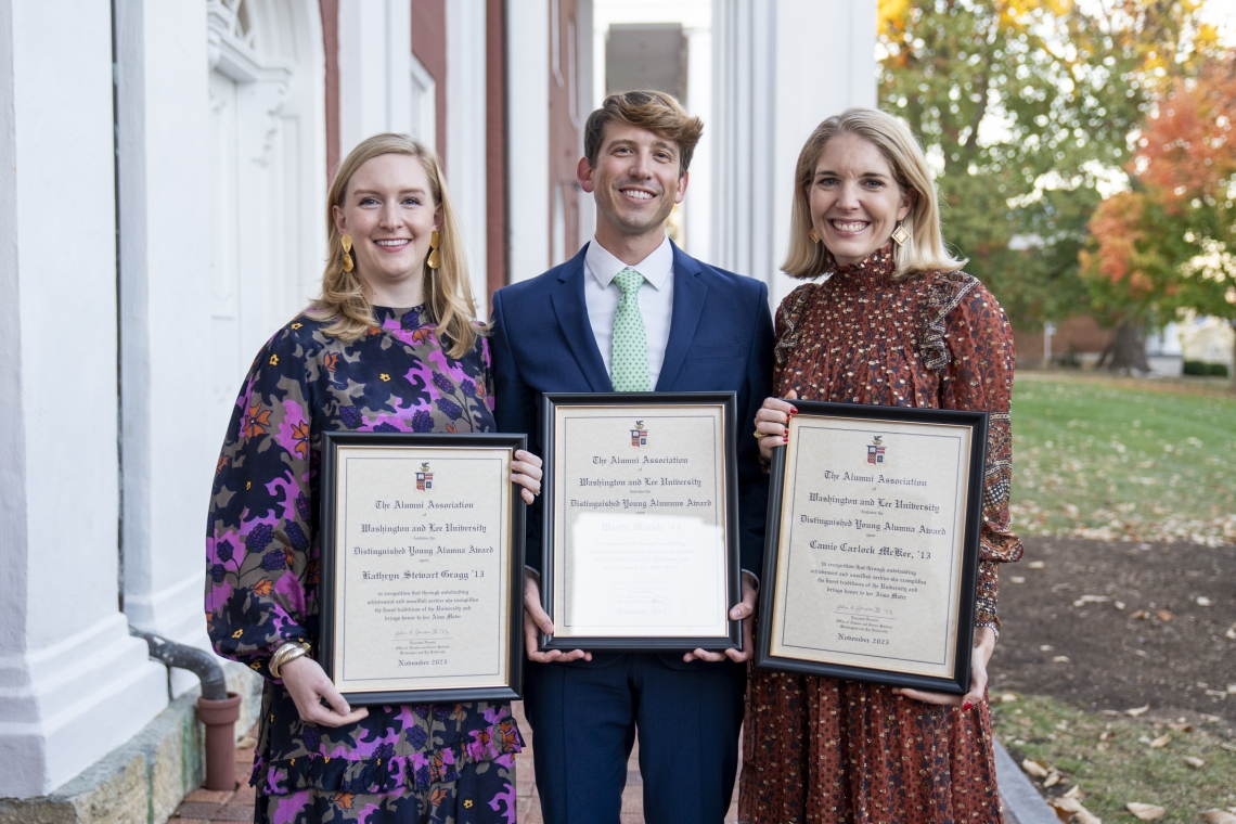 Distinguished Young Alumni Award winners Kathryn Stewart Gragg ’13, Wayde Marsh ’13 and Camie Carlock McKee ’13