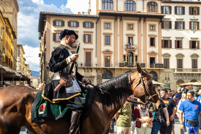 Rider on horseback at the Piazza della Signoria in Florence, Italy.