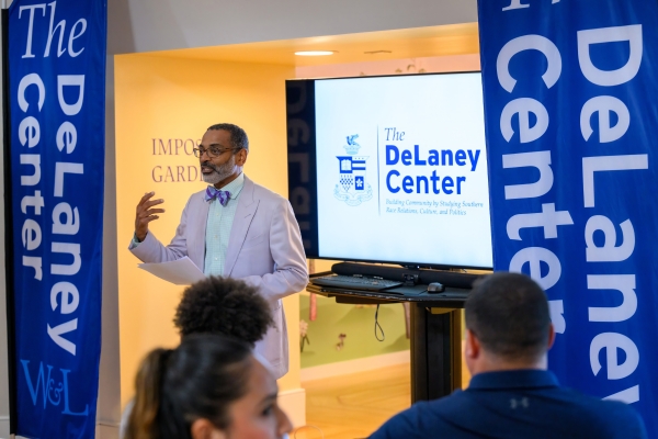 Director of the DeLaney Center and professor of Africana Studies Michael Hill speaks at a DeLaney Center open house in Watson Pavilion.