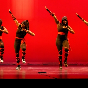 Members of the Iota Alpha Chapter of Delta Sigma Theta Sorority, Inc. at JMU participate in the third annual NPHC Step Show Competition on the Keller Theater stage.